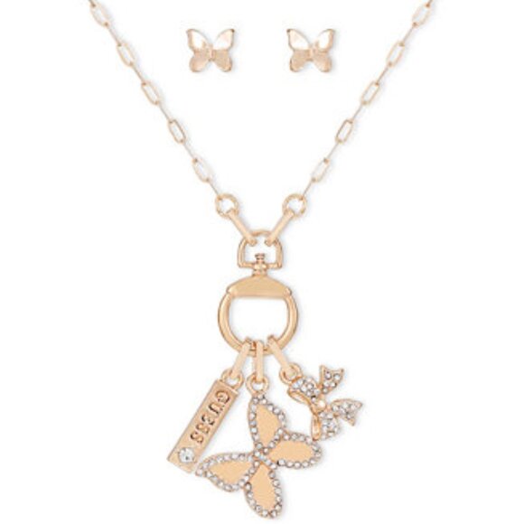 Guess Jewelry - GUESS Butterfly Charm Necklace Earring Set with Travel Jewelry Case Gold Tone